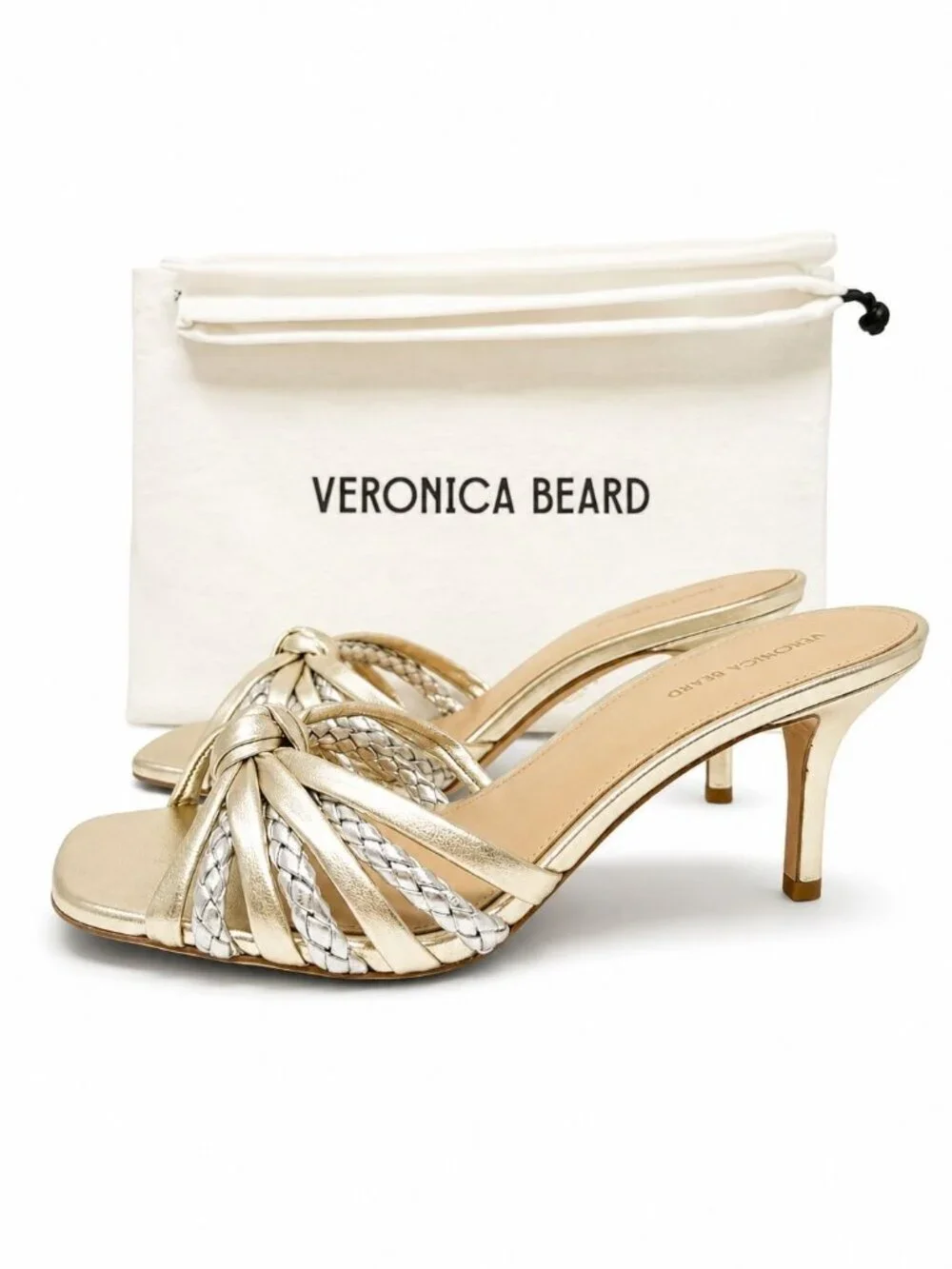 Veronica Beard Misa Knot Front Platinum Metallic Leather Heel Sandal Women's 5